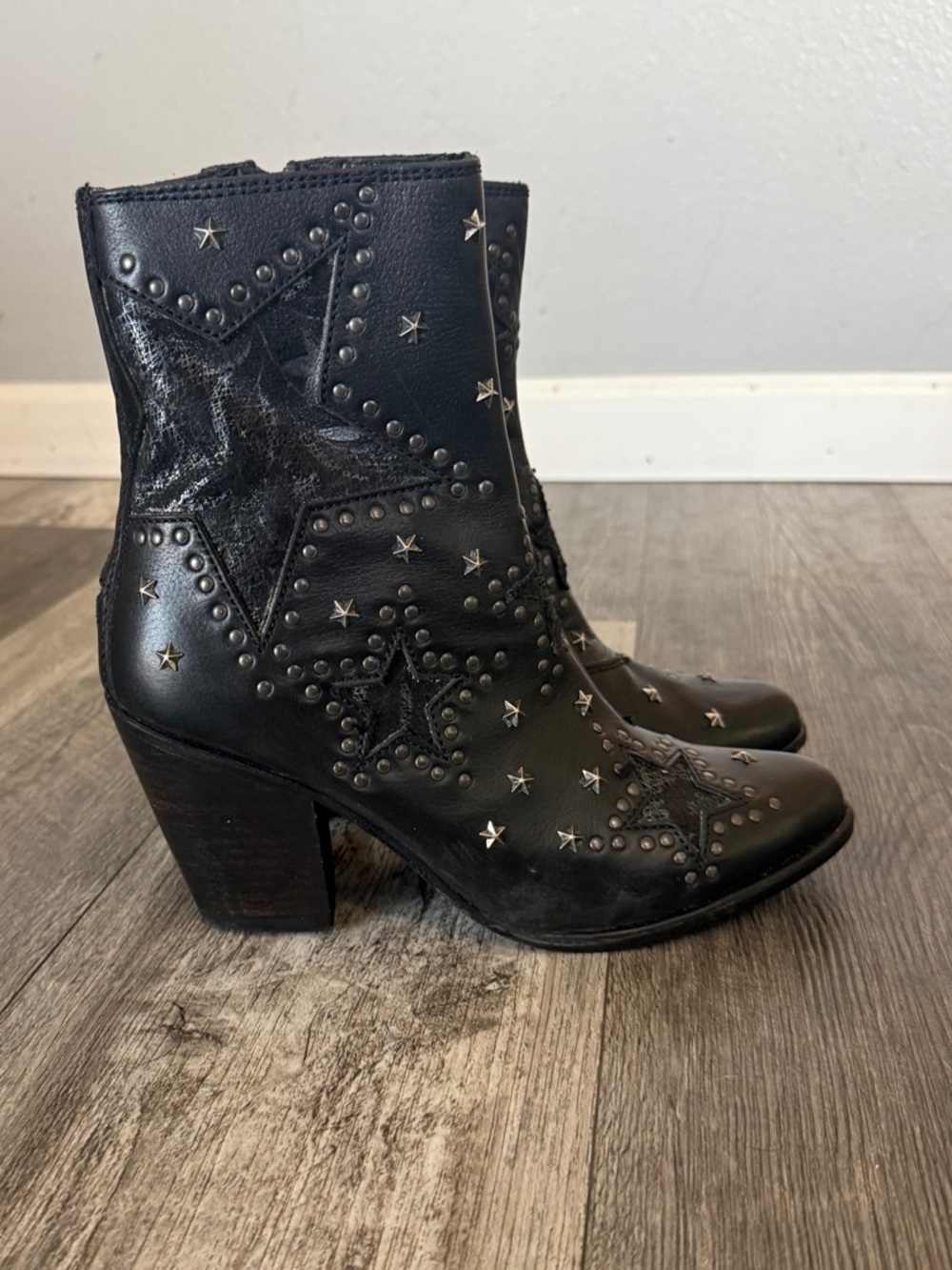 LIBERTY Black Black Star Studded Leather Ankle Boots